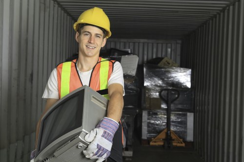 A young male worker wearing a yellow safety helmet, a high-visibility vest, and work gloves is standing inside a storage container or warehouse space, holding a grey electronic appliance, likely an old computer monitor, which he appears to be preparing to unload or dispose of. The container has corrugated metal walls and a wooden floor, with a few other items and tools visible in the background, including a pallet jack and some stacked packages wrapped in plastic. The lighting is natural, coming from outside the container, illuminating the worker’s face and the objects around him. This scene reflects a professional waste management or rubbish clearance operation, consistent with services provided by companies such as Commercial Waste Oxted, which operates in the local area near Oxted and surrounding postcode regions. The overall environment suggests an organized approach to handling unwanted or obsolete electronic waste, typical of commercial rubbish removal activities in the region.